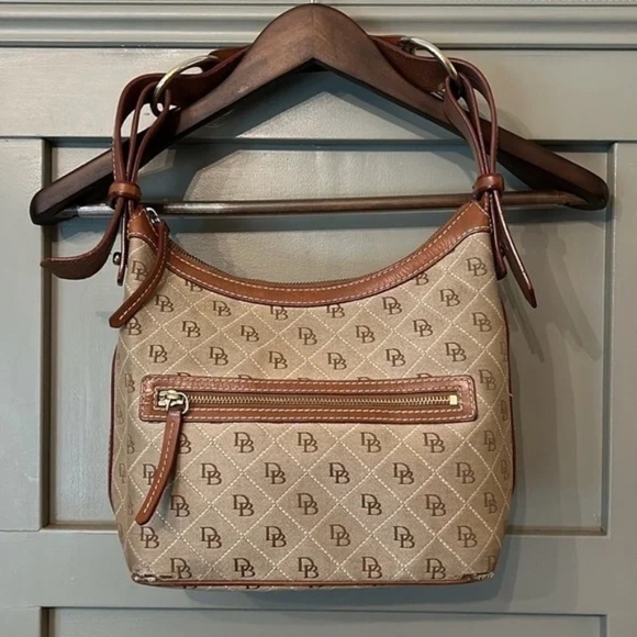Dooney & Bourke Shoulder Bag Monogrammed Canvas Leather Trimmed Brown Tan - Picture 1 of 14